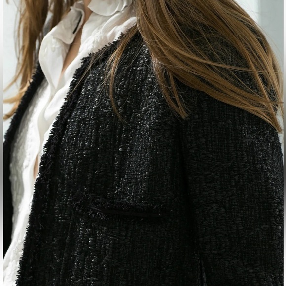 ZARA Woman Black Tweed Wool Blend Structured Woven Fringe Blazer with pockets XS - Picture 7 of 16